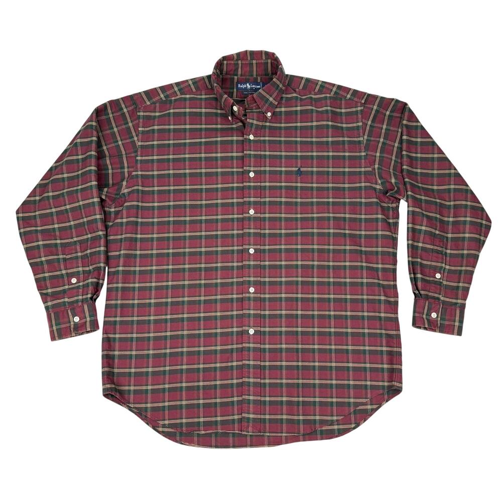 Ralph Lauren Plaid Button Down Shirt Red Green Cotton Preppy Heritage Large